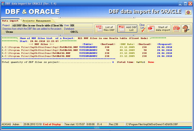 Screenshot of DBF data import for ORACLE