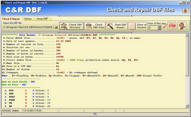 Check and repair DBF 1.4.0.3